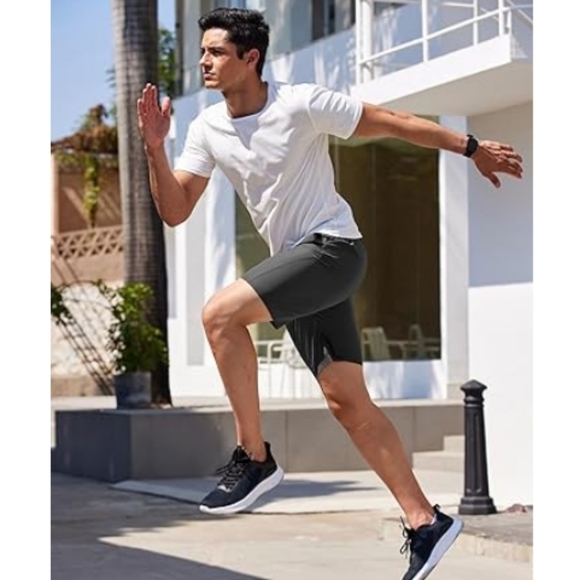 Men's Running Athletic Shorts Gym Workout Elastic Waist Dark Gray - Picture 4 of 8